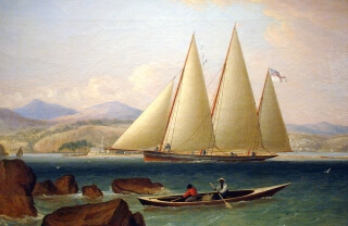 1831 painting of a three-masted Bermuda sloop of the Royal Navy, entering a West Indies port
